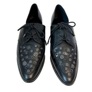 Nine West Woahalle Stud Embellished D'Orsay Black Oxford Leather Flats Size 7.5